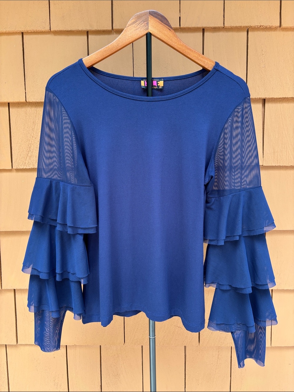 ISLE by Melis Kozan | Navy Tiered Boho Chic Sheer Ruffle Sleeve Blouse | Size S